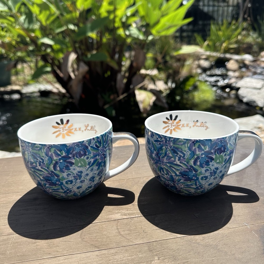 Lilly Pulitzer Ceramic Mugs Set of 2 High Manetenance Blue 12 Oz Coffee Tea Cups